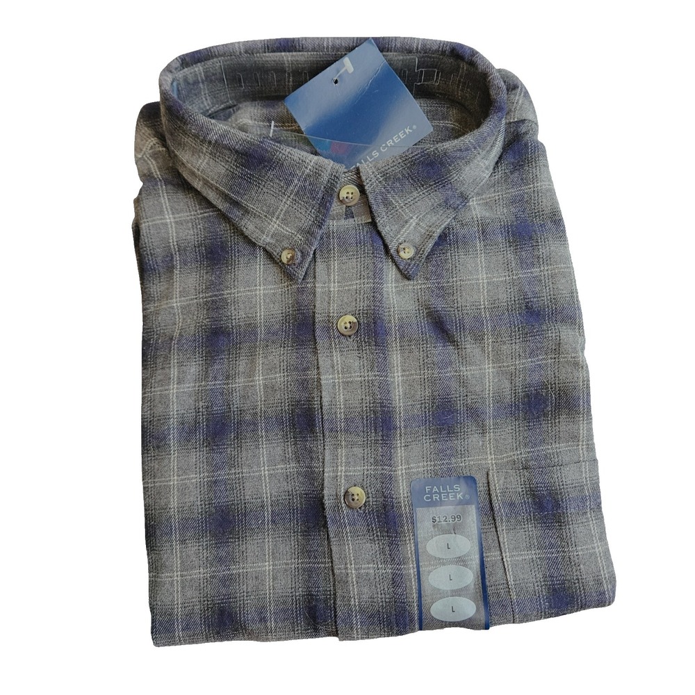 Mens Gray Blue Plaid Flannel Button Down Shirt Large NWT Grunge Cabin Western